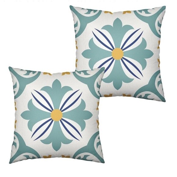 Boho Throw Pillow Cover 16x16 Aqua Blue Floral Printed NEW!! - Picture 1 of 9